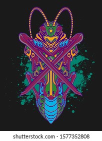 Mechanical grasshopper. Sci-fi mech soldier standing. Military futuristic robot. Mech controlled by a pilot. Scratched metal armor robot. Mech Battle.
