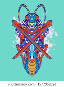 Mechanical grasshopper. Sci-fi mech soldier standing. Military futuristic robot. Mech controlled by a pilot. Scratched metal armor robot. Mech Battle.