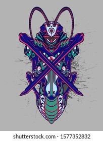 Mechanical grasshopper. Sci-fi mech soldier standing. Military futuristic robot. Mech controlled by a pilot. Scratched metal armor robot. Mech Battle.