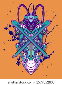 Mechanical grasshopper. Sci-fi mech soldier standing. Military futuristic robot. Mech controlled by a pilot. Scratched metal armor robot. Mech Battle.