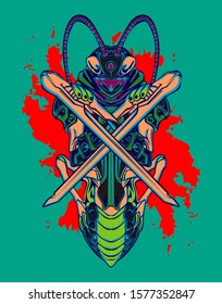 Mechanical grasshopper. Sci-fi mech soldier standing. Military futuristic robot. Mech controlled by a pilot. Scratched metal armor robot. Mech Battle.