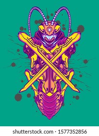 Mechanical grasshopper. Sci-fi mech soldier standing. Military futuristic robot. Mech controlled by a pilot. Scratched metal armor robot. Mech Battle.