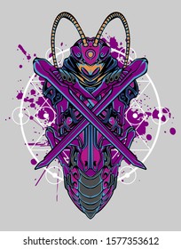 Mechanical grasshopper. Sci-fi mech soldier standing. Military futuristic robot. Mech controlled by a pilot. Scratched metal armor robot. Mech Battle.