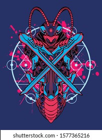 Mechanical grasshopper. Sci-fi mech soldier standing. Military futuristic robot. Mech controlled by a pilot. Scratched metal armor robot. Mech Battle.