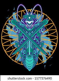 Mechanical grasshopper. Sci-fi mech soldier standing. Military futuristic robot. Mech controlled by a pilot. Scratched metal armor robot. Mech Battle.