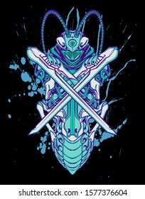 Mechanical grasshopper. Sci-fi mech soldier standing. Military futuristic robot. Mech controlled by a pilot. Scratched metal armor robot. Mech Battle.