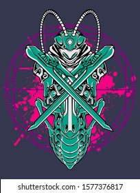 Mechanical grasshopper. Sci-fi mech soldier standing. Military futuristic robot. Mech controlled by a pilot. Scratched metal armor robot. Mech Battle.