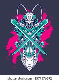 Mechanical grasshopper. Sci-fi mech soldier standing. Military futuristic robot. Mech controlled by a pilot. Scratched metal armor robot. Mech Battle.