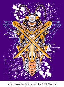 Mechanical grasshopper. Sci-fi mech soldier standing. Military futuristic robot. Mech controlled by a pilot. Scratched metal armor robot. Mech Battle.