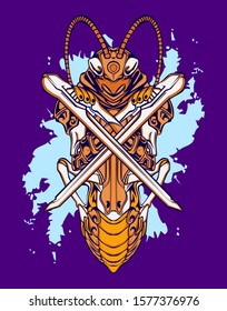 Mechanical grasshopper. Sci-fi mech soldier standing. Military futuristic robot. Mech controlled by a pilot. Scratched metal armor robot. Mech Battle.