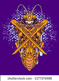 Mechanical grasshopper. Sci-fi mech soldier standing. Military futuristic robot. Mech controlled by a pilot. Scratched metal armor robot. Mech Battle.
