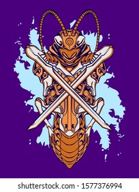 Mechanical grasshopper. Sci-fi mech soldier standing. Military futuristic robot. Mech controlled by a pilot. Scratched metal armor robot. Mech Battle.