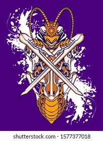 Mechanical grasshopper. Sci-fi mech soldier standing. Military futuristic robot. Mech controlled by a pilot. Scratched metal armor robot. Mech Battle.