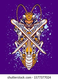 Mechanical grasshopper. Sci-fi mech soldier standing. Military futuristic robot. Mech controlled by a pilot. Scratched metal armor robot. Mech Battle.