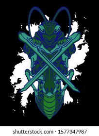 Mechanical grasshopper. Scratched metal armor robot. Mech Battle.