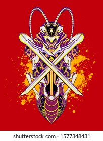 Mechanical grasshopper. Scratched metal armor robot. Mech Battle.