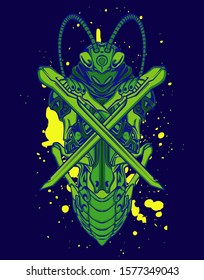 Mechanical grasshopper. Scratched metal armor robot. Mech Battle.