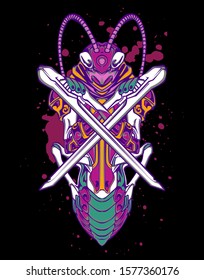 Mechanical grasshopper. Scratched metal armor robot. Mech Battle.
