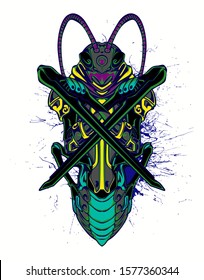 Mechanical grasshopper. Scratched metal armor robot. Mech Battle.