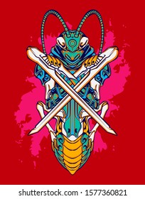Mechanical grasshopper. Scratched metal armor robot. Mech Battle.