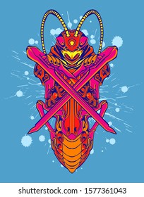 Mechanical grasshopper. Scratched metal armor robot. Mech Battle.
