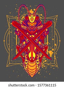 Mechanical grasshopper. Scratched metal armor robot. Mech Battle.