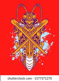 Mechanical grasshopper. Scratched metal armor robot. Mech Battle.