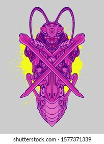 Mechanical grasshopper. Scratched metal armor robot. Mech Battle.
