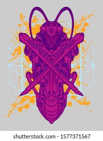 Mechanical grasshopper. Scratched metal armor robot. Mech Battle.