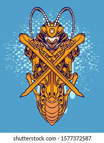 Mechanical grasshopper. Scratched metal armor robot. Mech Battle.