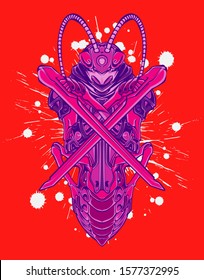 Mechanical grasshopper. Scratched metal armor robot. Mech Battle.