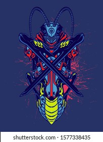 mechanical grasshopper steampunk illustration and tshirt design