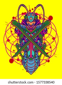 mechanical grasshopper steampunk illustration and tshirt design