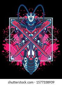 mechanical grasshopper steampunk illustration and tshirt design