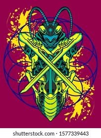 mechanical grasshopper steampunk illustration and tshirt design