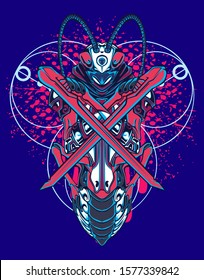 mechanical grasshopper steampunk illustration and tshirt design