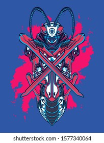 mechanical grasshopper steampunk illustration and tshirt design