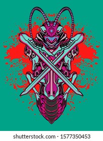 mechanical grasshopper steampunk illustration and tshirt design