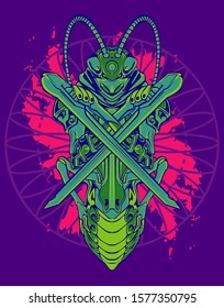 mechanical grasshopper steampunk illustration and tshirt design