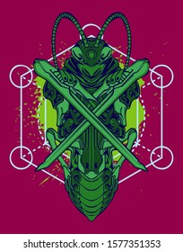 mechanical grasshopper steampunk illustration and tshirt design