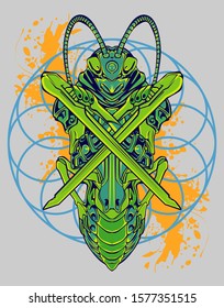 mechanical grasshopper steampunk illustration and tshirt design