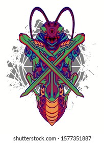 mechanical grasshopper steampunk illustration and tshirt design