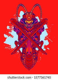 mechanical grasshopper steampunk illustration and tshirt design