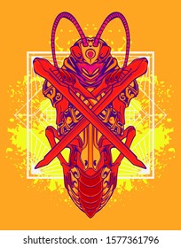 mechanical grasshopper steampunk illustration and tshirt design