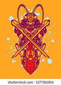 mechanical grasshopper steampunk illustration and tshirt design