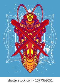 mechanical grasshopper steampunk illustration and tshirt design