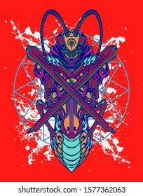 mechanical grasshopper steampunk illustration and tshirt design
