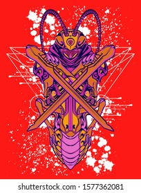 mechanical grasshopper steampunk illustration and tshirt design