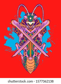 mechanical grasshopper steampunk illustration and tshirt design