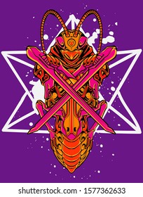 mechanical grasshopper steampunk illustration and tshirt design